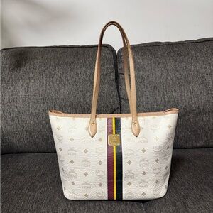 Authentic MCM Leather White Tote with Tan Trim and Multicolor Stripe Design